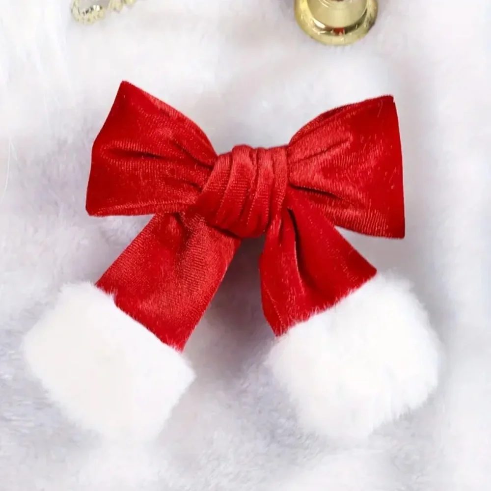 Vintage Plush Christmas Bow Hair Clip - NEW